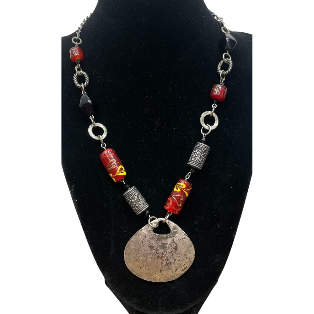 Artisan Red Lampwork Glass Bead Necklace Hammered Silver Tone Pendant Boho 18.5"
